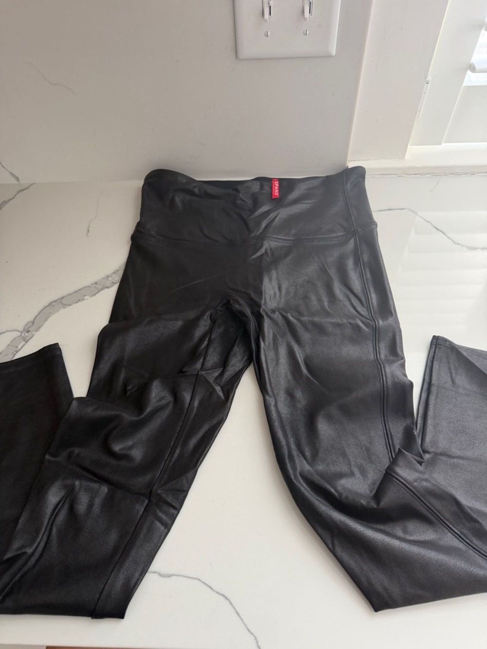 SPANX Black Faux Leather Leggings with Red Logo Tab